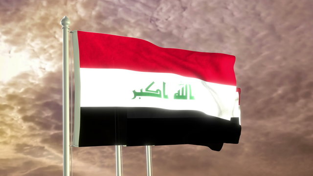 Three flags of Iraq waving in the wind (4K high detailed 3D render) with a dramatic sky in the background