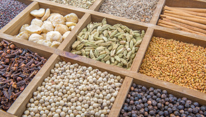 Variety of spices in wooden box 