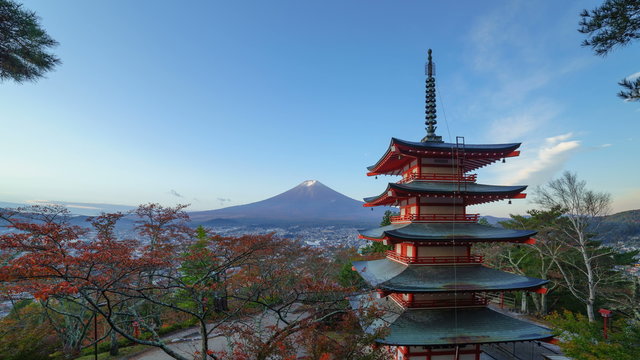 4K Timelapse of Mt. Fuji with Chureito Pagoda at sunrise in autumn, Fujiyoshida, Japan
