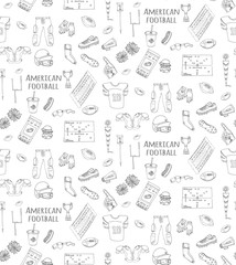 Seamless background hand drawn doodle american football set Vector illustration Sketchy sport football icons, ball helmet jersey pants knee thigh shoulder pads cleats field cheerleading down indicator
