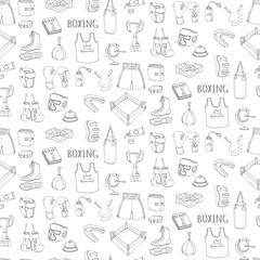 Seamless background of Hand drawn doodle boxing set Vector illustration Sketchy sport related icons boxing elements, boxing uniform, gloves, shoes, helmet, boxing ring, belt, trophy
