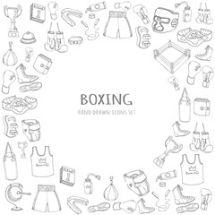 Hand drawn doodle boxing set Vector illustration Sketchy sport related icons boxing elements, boxing uniform, gloves, shoes, helmet, boxing ring, belt, trophy