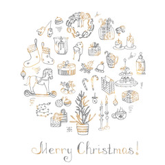 Set of hand drawn sketchy christmas elements Doodle vector illustration elements Candles gift boxes christmas tree wreath stocking candy canes cookie bells holly decoration calligraphy Merry Christmas