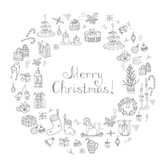 Set of hand drawn sketchy christmas elements Doodle vector illustration elements Candles gift boxes christmas tree wreath stocking candy canes cookie bells holly decoration calligraphy Merry Christmas