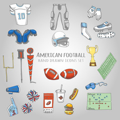 Hand drawn doodle american football set Vector illustration Sketchy sport related icons football elements, ball helmet jersey pants knee thigh shoulder pads cleats field cheerleading down indicator