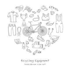 Bicycle equipment hand drawn set, doodle vector illustration of various stylized bicycle icons, bicycling equipment and accessories icons sketch collection, bicycling gear, cycling cloth and shoes