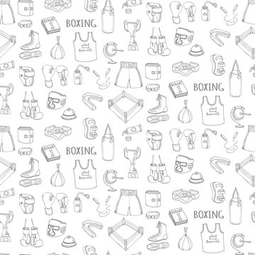 Seamless background of Hand drawn doodle boxing set Vector illustration Sketchy sport related icons boxing elements, boxing uniform, gloves, shoes, helmet, boxing ring, belt, trophy