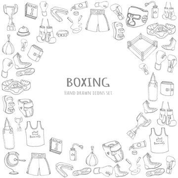 Hand drawn doodle boxing set Vector illustration Sketchy sport related icons boxing elements, boxing uniform, gloves, shoes, helmet, boxing ring, belt, trophy