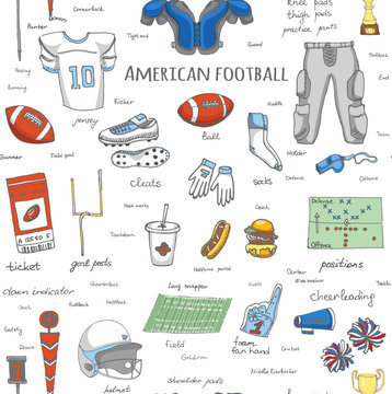 Seamless background hand drawn doodle american football set Vector illustration Sketchy sport football icons, ball helmet jersey pants knee thigh shoulder pads cleats field cheerleading down indicator