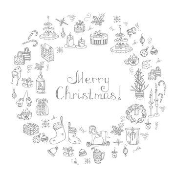 Set of hand drawn sketchy christmas elements Doodle vector illustration elements Candles gift boxes christmas tree wreath stocking candy canes cookie bells holly decoration calligraphy Merry Christmas