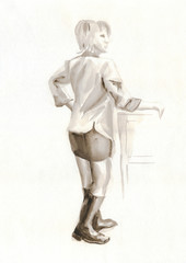 figure of a woman painted in brown watercolor, sketch