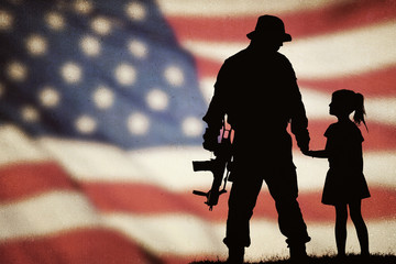 American soldier silhouette with beautiful american flag