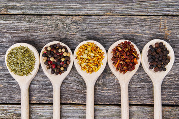 Spices on wooden spoons