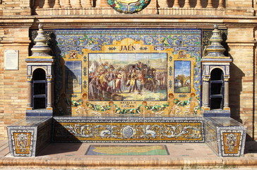 Fototapeta na wymiar A tiled bench in Plaza de Espana (square of Spain) of Sevilla, Spain