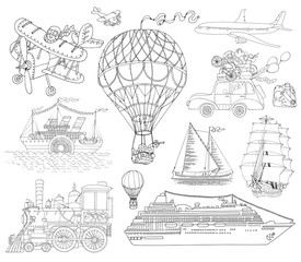 Doodle set with old and modern means of transportation