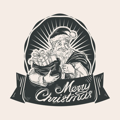 hand-drawn happy Santa Claus and bag with gifts. vector illustration