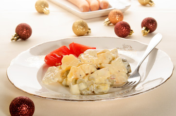 christmas dinner with potato salad and vienna sausage