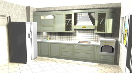 interior design green kitchen in a classic style