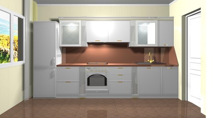 white  kitchen, interior design 3D rendering