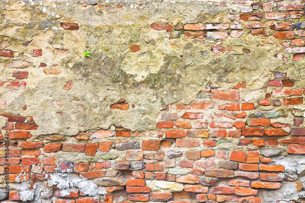 Wall mural old stone and brick wall with degraded plaster