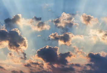 Sunset with sun rays. Colorful blur sky with sun background. Sunset, sunrise