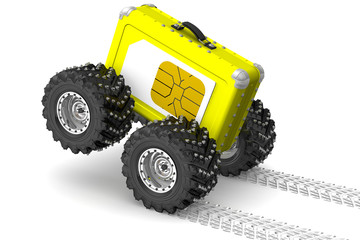 SIM-card for travel. Yellow suitcase on wheels and SIM card on the side. The three-dimensional illustration. Concept