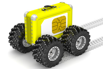 SIM-card for travel. Yellow suitcase on wheels and SIM card on the side. The three-dimensional illustration. Concept