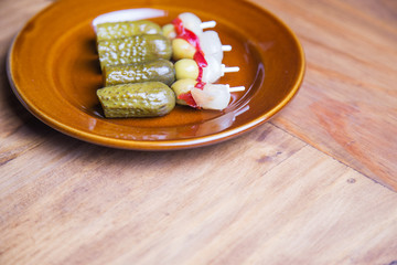spanish banderillas, skewers with different pickles, such as oli