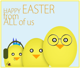 Happy family Easter card. Chicks wth problem child.
