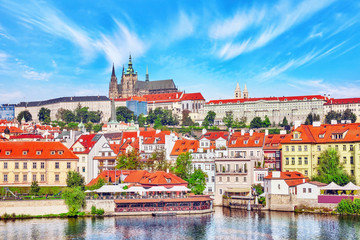 View of Prague Castle from waterfront  Vltava river in Prague.Cz - obrazy, fototapety, plakaty