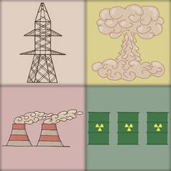 Seamless background of the icons rig, explosion, radioactive wastes, cooling tower