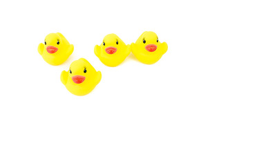 Four yellow rubber ducks in a line, one in front of the line, isolated on white background, available copy paste