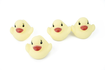 Four yellow rubber ducks in a line, one in front of the line, isolated on white background, available copy paste