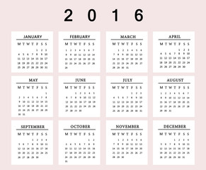 Calendar for 2016 on white background.