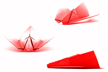 Red paper plane set, origami collection isolated on white background