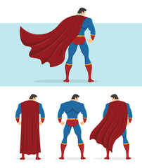 Rear view of superhero with red cape flowing in the wind. Below are 3 additional versions. No gradients used. - 98847188