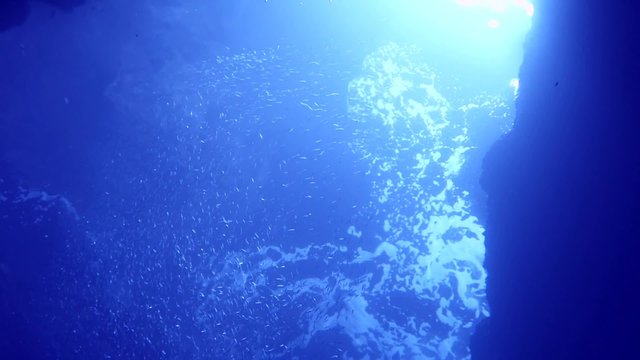 宮古島　縦穴の水面を泳ぐ小魚の群れと波