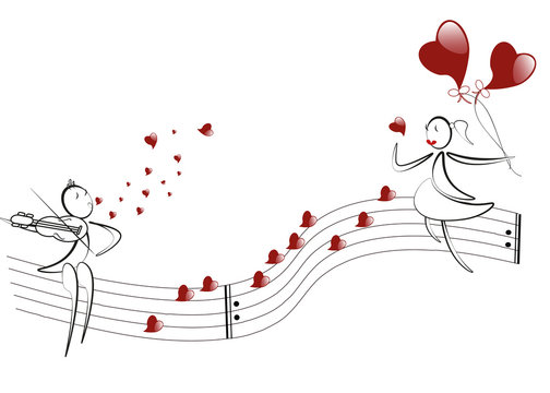 boy plays the violin, hearts notes, girl with red hearts baloons