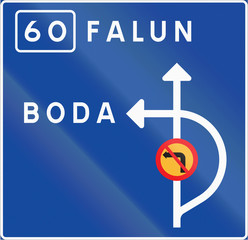 Road sign used in Sweden - Advance direction sign diagrammatic indicating prohibition of left turning