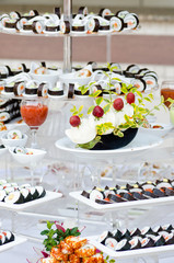 Sushi and serving / Beautifully decorated table with sushi