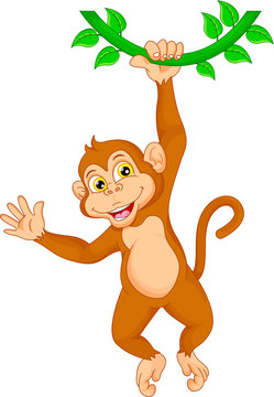 Cartoon monkey hanging in tree