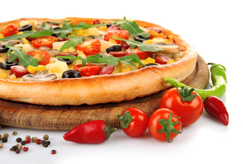Delicious pizza with vegetables, isolated on white