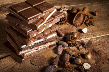 Chocolate stack on wooden background