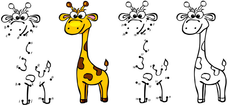 Cartoon giraffe. Vector illustration. Coloring and dot to dot ga