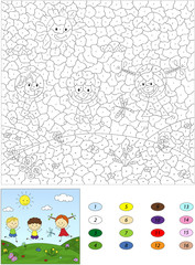 Color by number educational game for kids. Two boys and a girl p