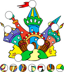 Colorful fairytale castle. complete the puzzle and find the miss