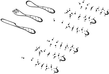Cartoon cutlery. Vector illustration. Coloring and dot to dot ga
