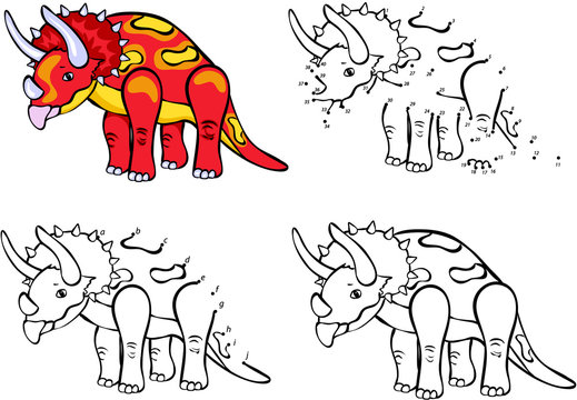 Cartoon Triceratops. Vector illustration. Coloring and dot to do