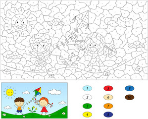 Color by number educational game for kids. A boy and a girl play