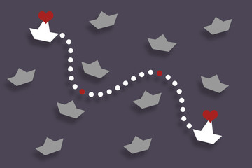 White ships found in the sea. Hurry to a meeting. Valentine's Day. Lovers. Flat with shadows. Two hards.